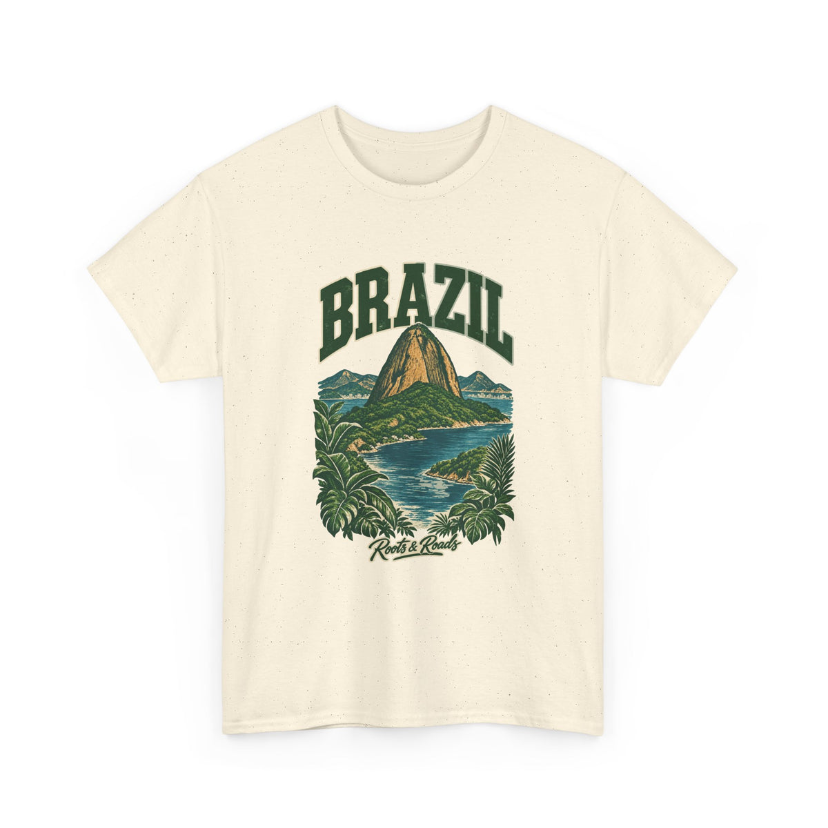 Front view of a Natural Gildan 5000 T-shirt with forest-green BRAZIL lettering, a Sugarloaf-inspired peak, blue bay water, tropical leaves and Roots & Roads script.
