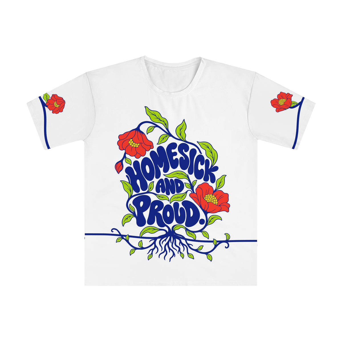 Front of the Roots & Roads “Homesick and proud.” T-shirt with cobalt lettering, coral flowers and lime foliage on white.