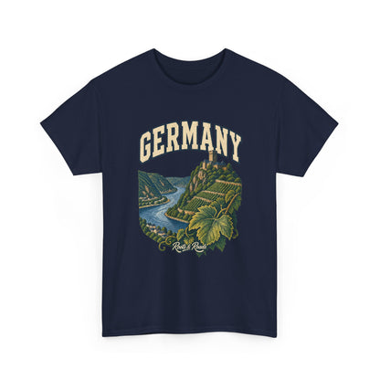Front view of a Navy Gildan 5000 T-shirt with cream GERMANY lettering above hilltop castle, river bend, vineyard terraces, foreground vine leaf, finished with Roots & Roads script.