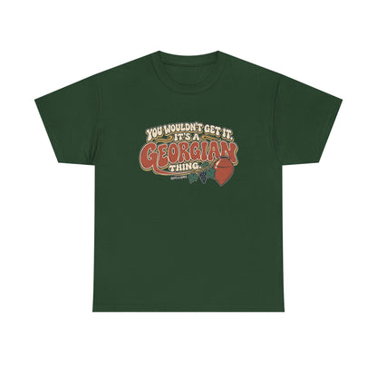 Forest Green Georgia Georgian Thing T-shirt, flat front view, with oversized retro lettering, a qvevri vessel and grapevine.