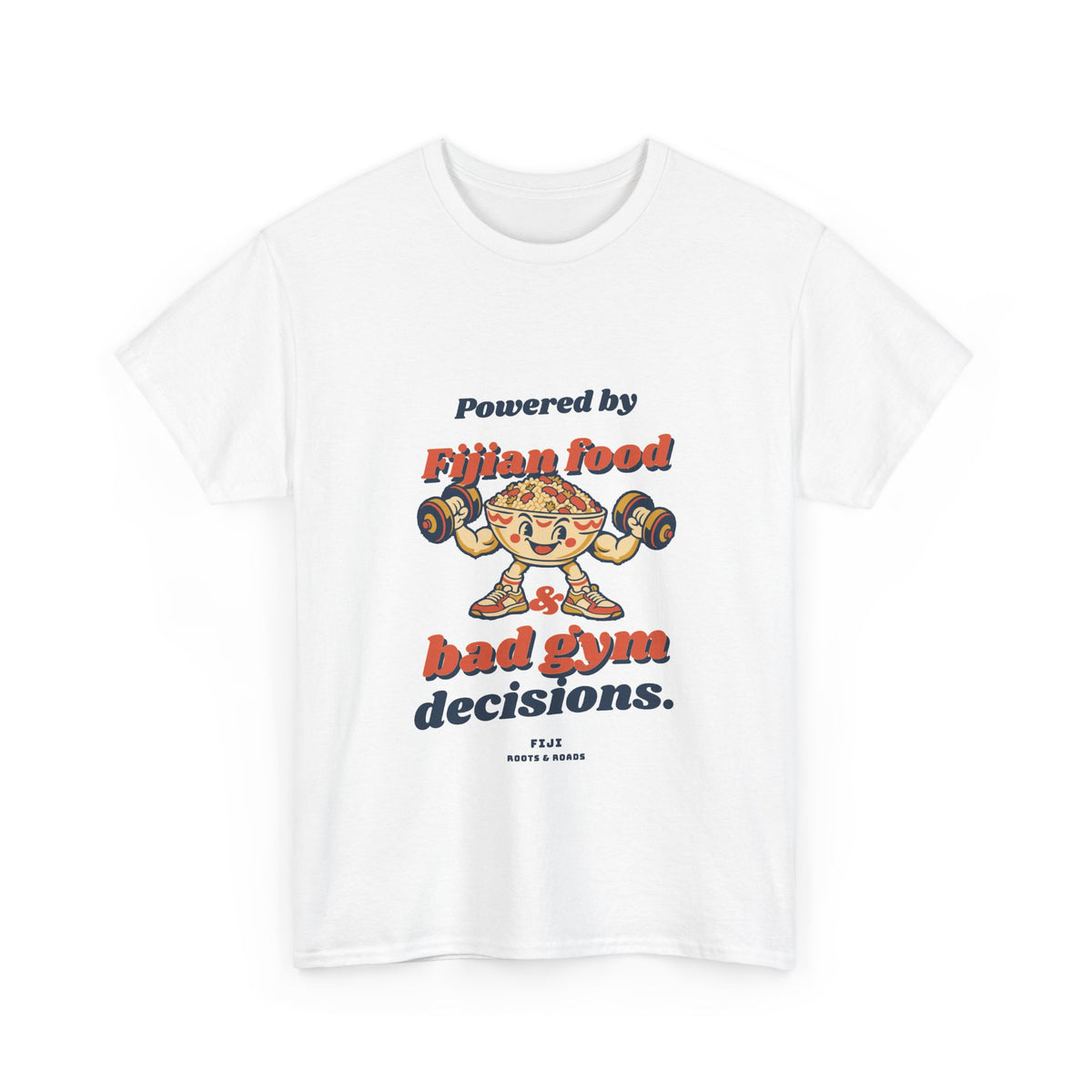 Fiji Bad Gym Decisions T-Shirt in White — front retro Fijian food lettering and a playful food character lifting weights.