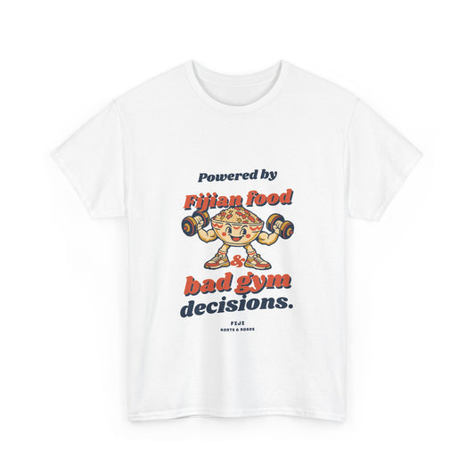 Fiji Bad Gym Decisions T-Shirt in White — front retro Fijian food lettering and a playful food character lifting weights.