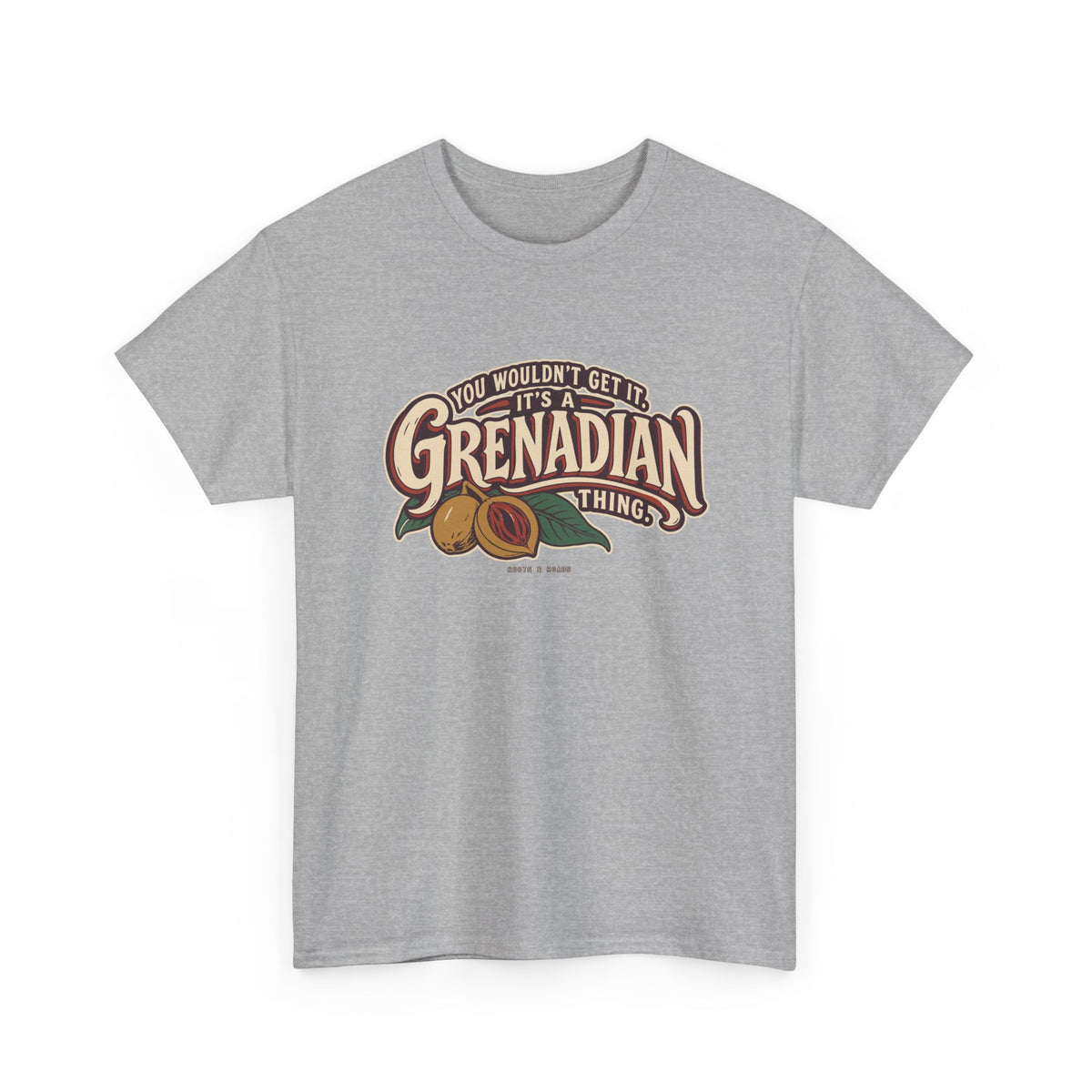Sport Grey Grenada Grenadian Thing T-Shirt, draped front view, with sweeping vintage Grenadian lettering, nutmeg, red mace and leaves