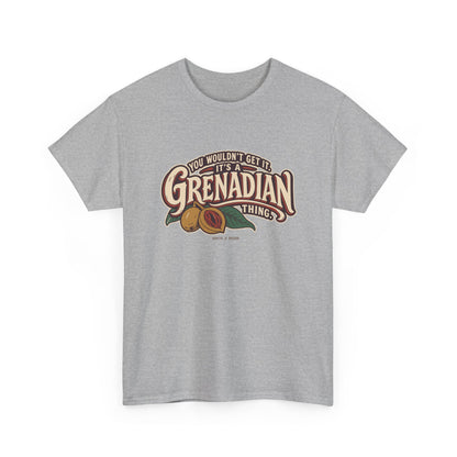 Sport Grey Grenada Grenadian Thing T-Shirt, draped front view, with sweeping vintage Grenadian lettering, nutmeg, red mace and leaves