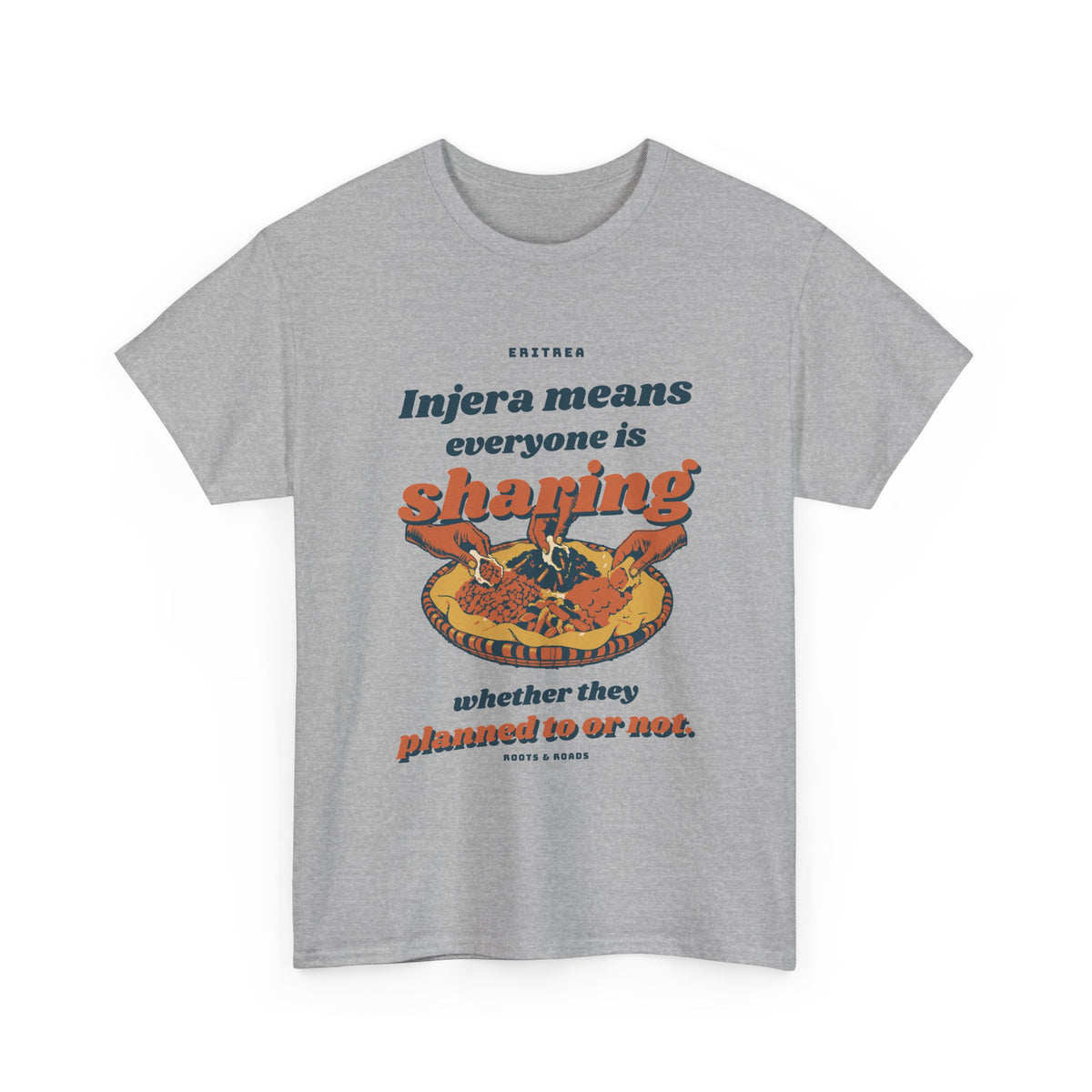 Eritrea Injera Sharing T-Shirt in Sport Grey with bold retro lettering and hands sharing an injera platter, front view