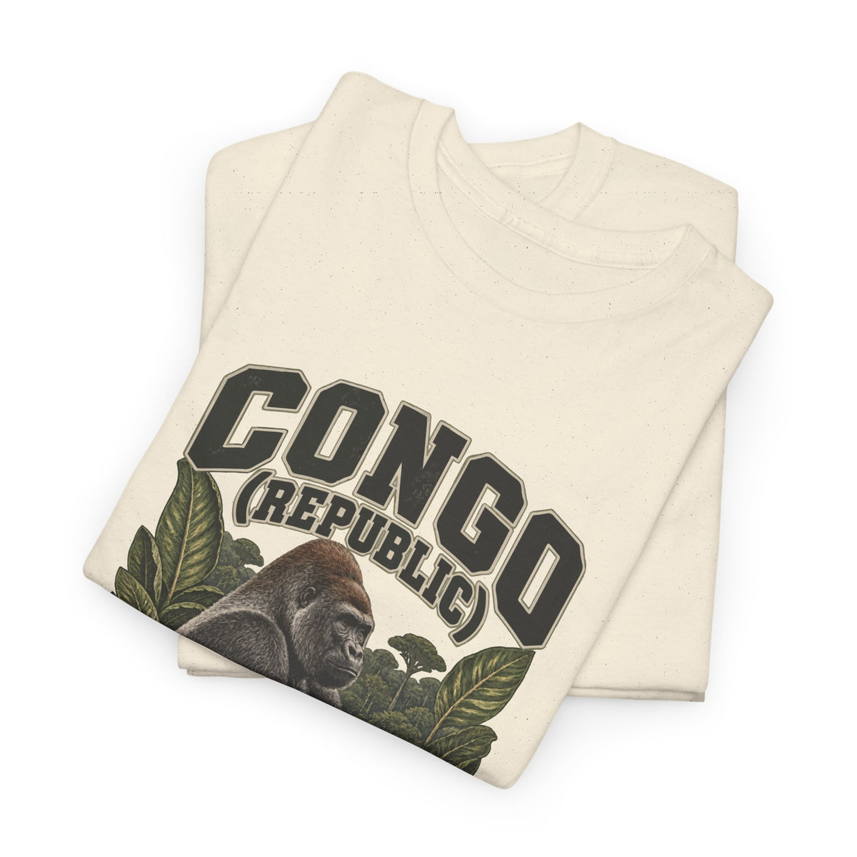 Folded Natural Congo (Republic) Fresh Prints Vintage T-Shirt showing the upper portion of its country lettering and illustrated front print.