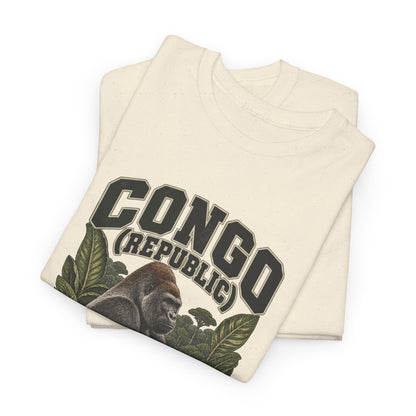 Folded Natural Congo (Republic) Fresh Prints Vintage T-Shirt showing the upper portion of its country lettering and illustrated front print.