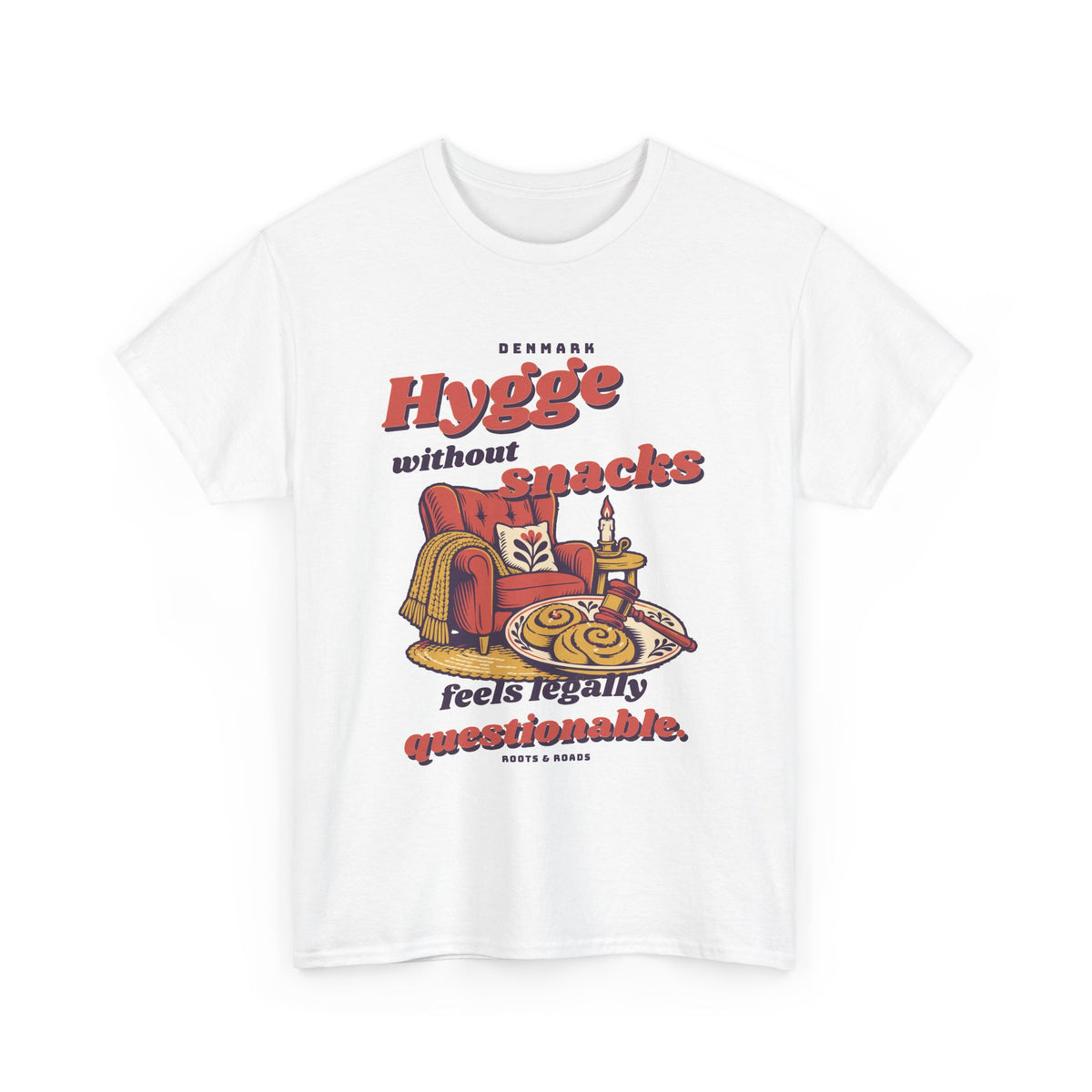 Denmark Hygge and Snacks T-Shirt in White, with expressive vintage lettering, a cosy armchair, pastries and a playful gavel by Roots & Roads.