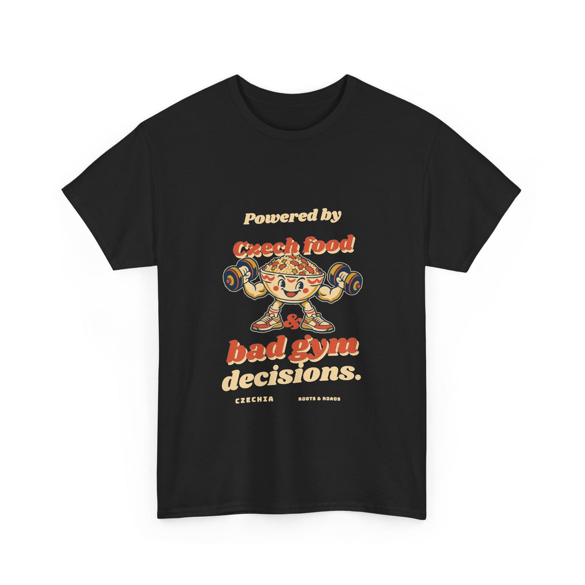 Czechia Bad Gym Decisions T-Shirt in Black, with retro Czech food lettering and a food-bowl weightlifter by Roots & Roads.