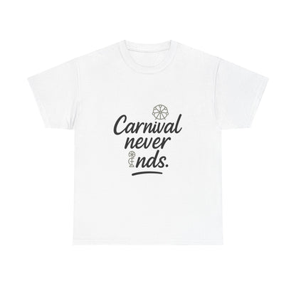 Front view of the Grenada Carnival Never Ends T-Shirt