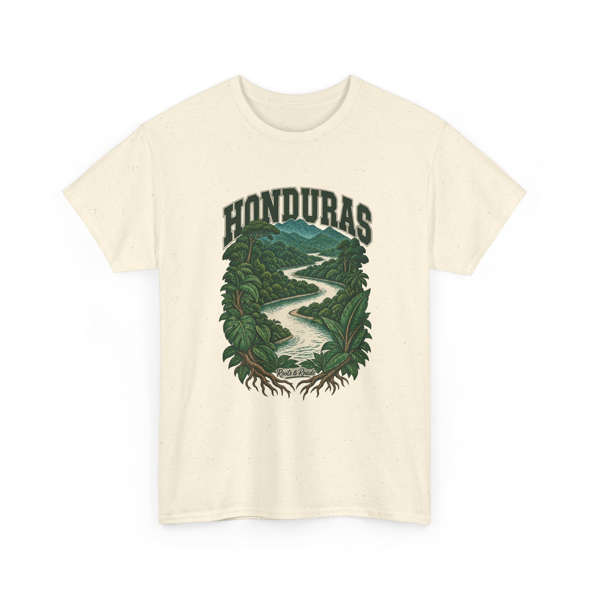 Front view of a Natural Gildan 5000 T-shirt with green HONDURAS lettering, a winding forest river, distant mountains and leafy roots, and Roots & Roads script.