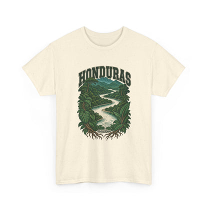 Front view of a Natural Gildan 5000 T-shirt with green HONDURAS lettering, a winding forest river, distant mountains and leafy roots, and Roots & Roads script.