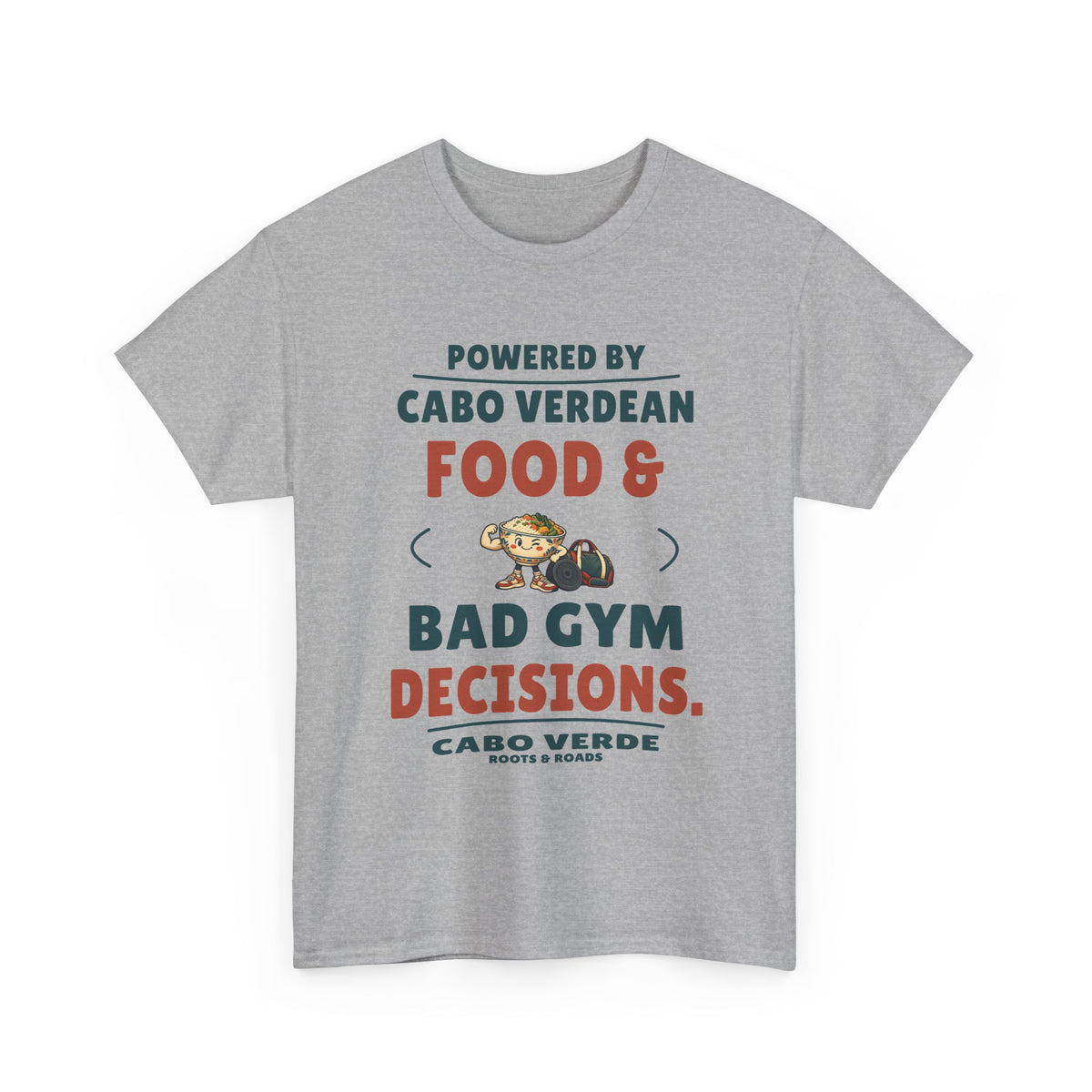 Front view of Cabo Verde Bad Gym Decisions T-Shirt in Sport Grey, showing the Roots & Roads printed design.