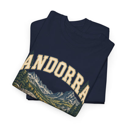 Folded navy Andorra Fresh Prints T-shirt showing the cream lettering and mountain illustration.