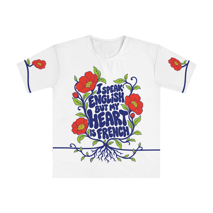 Front of the Roots & Roads “I speak English but my heart is French” T-shirt with cobalt lettering, coral flowers and lime foliage on white.