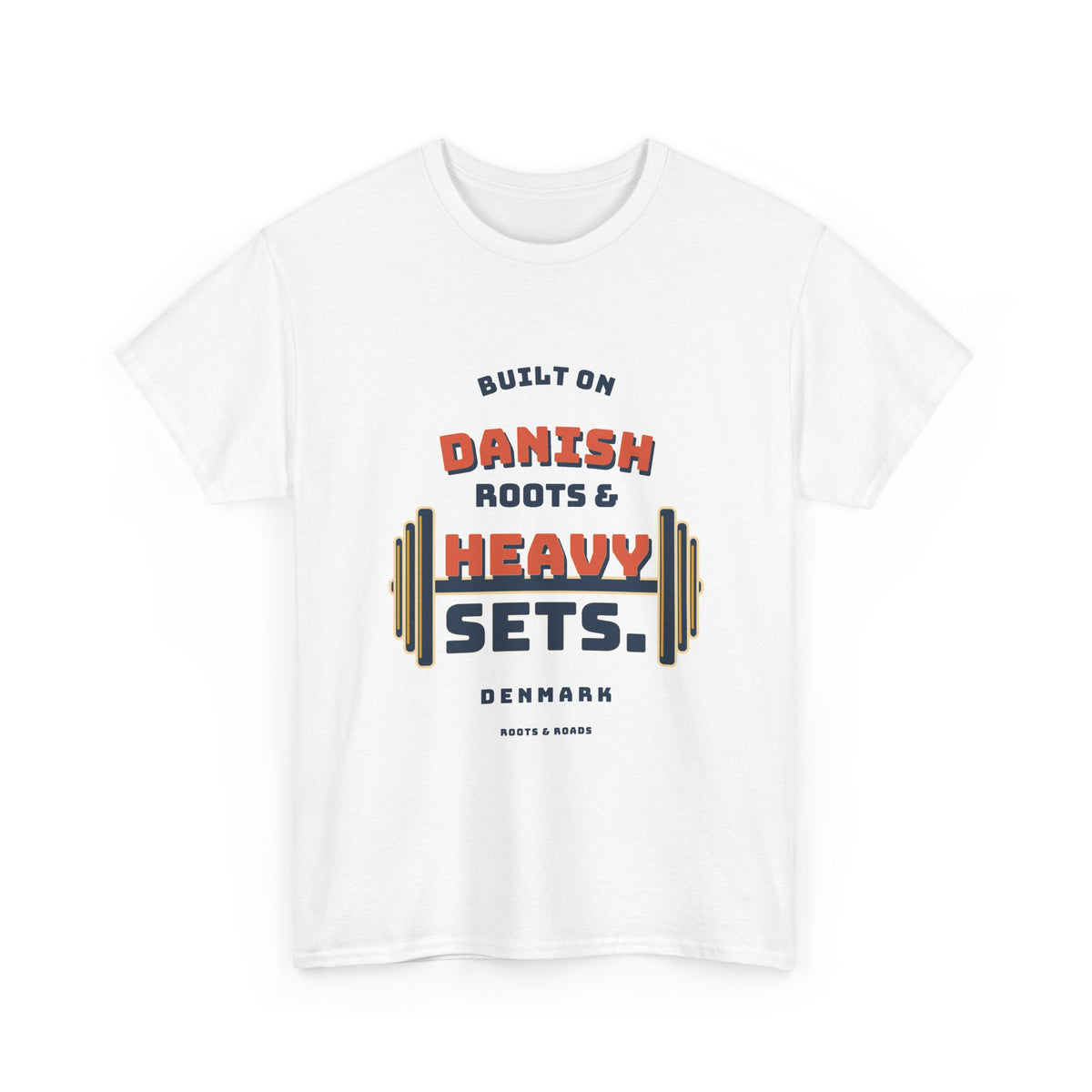 White Denmark Heavy Sets Gym T-Shirt with vintage athletic lettering and integrated weight plates