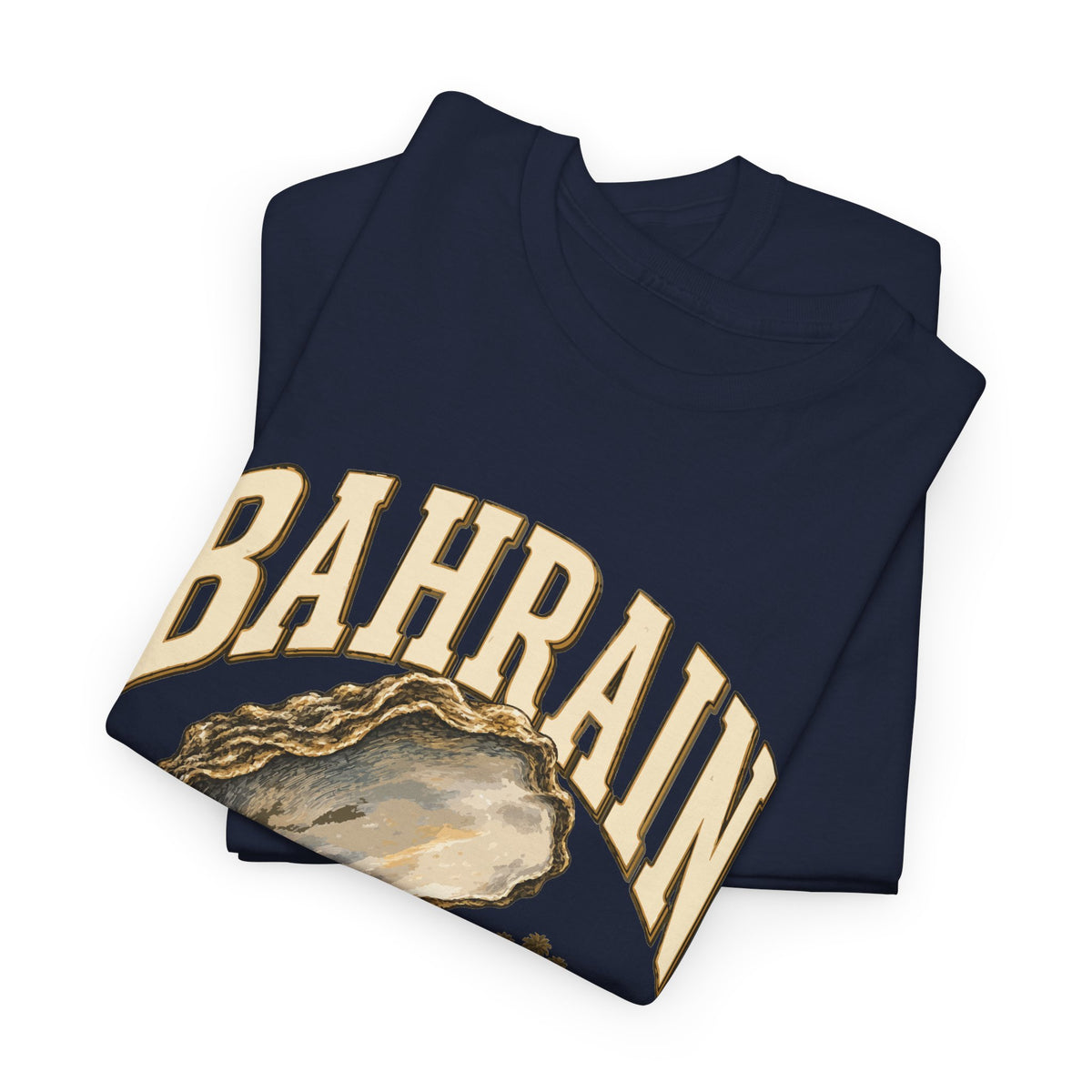 Folded Navy Bahrain Fresh Prints T-shirt showing the collegiate country lettering and vintage country illustration.