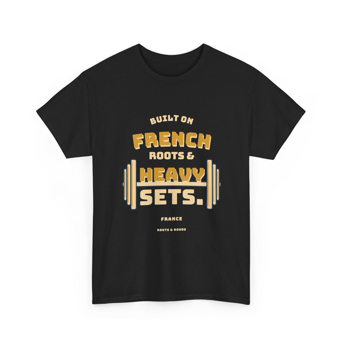France Heavy Sets Gym T-Shirt in Black — front vintage French strength lettering with integrated weight plates.