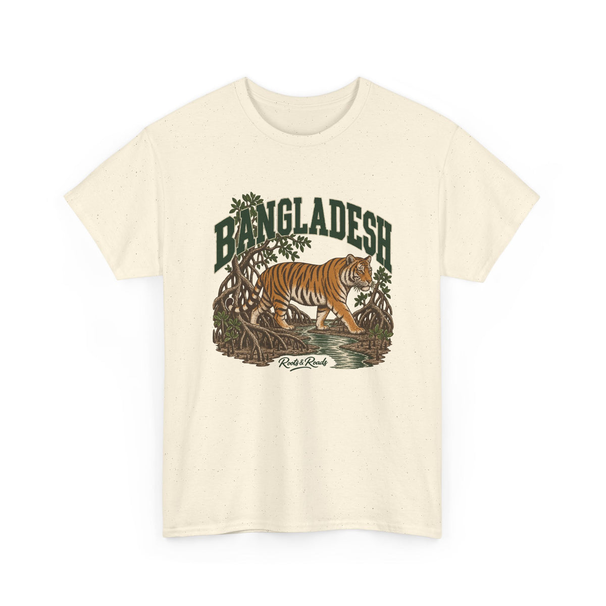 Front view of a Natural Gildan 5000 T-shirt with forest-green BANGLADESH lettering, a Bengal tiger, mangrove roots, a tidal channel and Roots & Roads script.