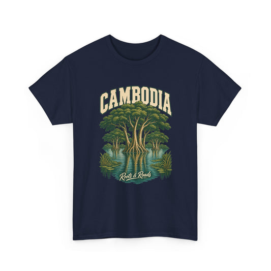 Front view of a Navy Gildan 5000 T-shirt with cream CAMBODIA lettering above green trees reflected in teal wetland water, reeds and Roots & Roads script.