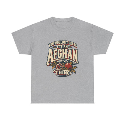 Front view of the Sport Grey Afghan Thing T-shirt with “You wouldn’t get it. It’s an Afghan thing.” cream vintage athletic lettering, brick-red shadows, mountain peaks and pomegranates.
