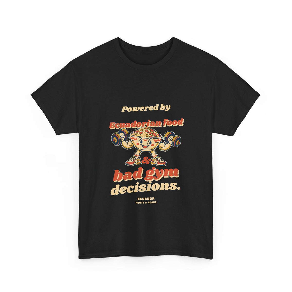 Ecuador Bad Gym Decisions T-Shirt in Black — rounded vintage lettering and a playful food-bowl weightlifter; front design.