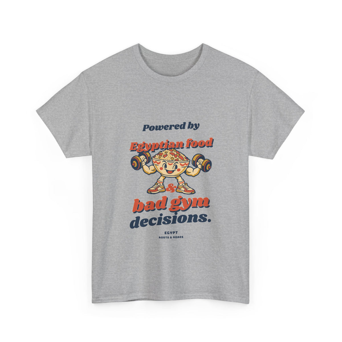 Egypt Bad Gym Decisions T-Shirt — Sport Grey front with rounded vintage lettering and playful food-bowl lifter, Roots & Roads