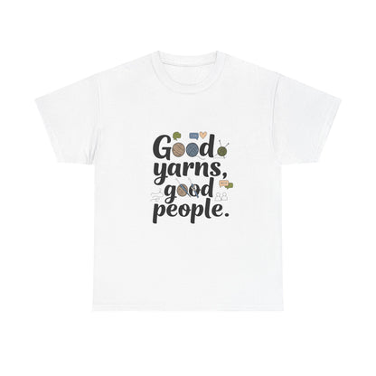 Front view of the New Zealand Good Yarns, Good People T-Shirt