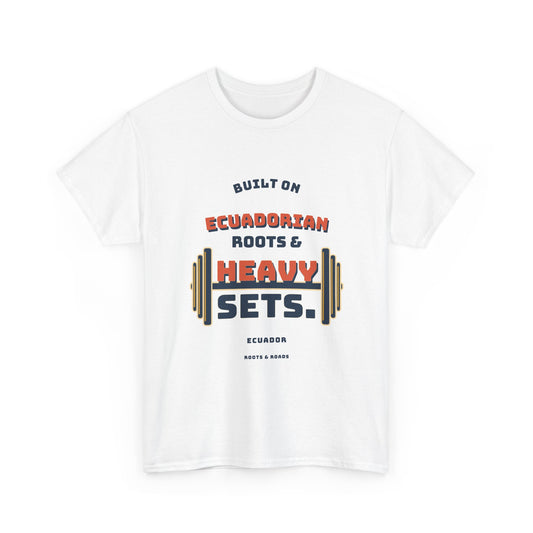 Ecuador Heavy Sets Gym T-Shirt in White — vintage athletic lettering and loaded weights; front design.