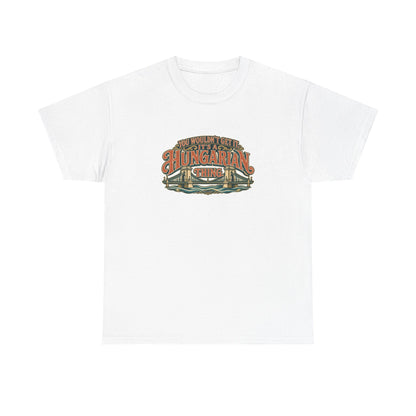 Roots & Roads Hungarian Thing T-shirt in White, flat front view with expressive rust and cream lettering, teal shadows and an integrated Chain Bridge illustration. You wouldn’t get it. It’s a Hungarian thing.