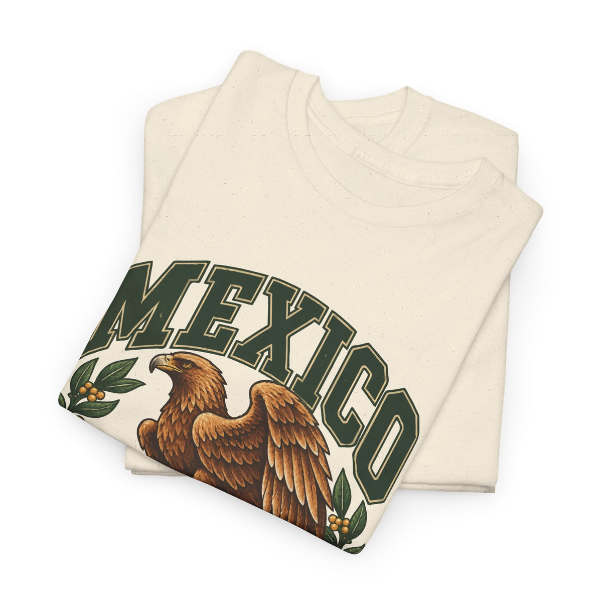 Folded Natural Gildan 5000 T-shirt showing the Mexico Fresh Prints lettering and golden eagle artwork.