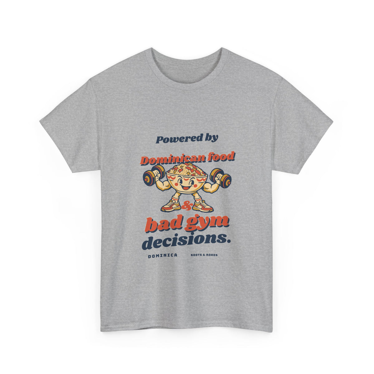 Dominica Bad Gym Decisions T-Shirt in Sport Grey, front view with retro lettering and an illustrated food bowl lifting weights.