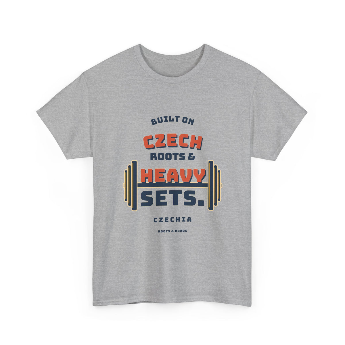 Czechia Heavy Sets Gym T-Shirt in Sport Grey, with layered vintage Czech strength lettering and weight plates by Roots & Roads.