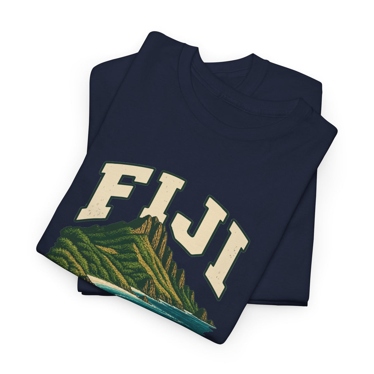 Folded Navy Fiji Fresh Prints T-shirt showing cream FIJI lettering and the upper part of its country illustration.