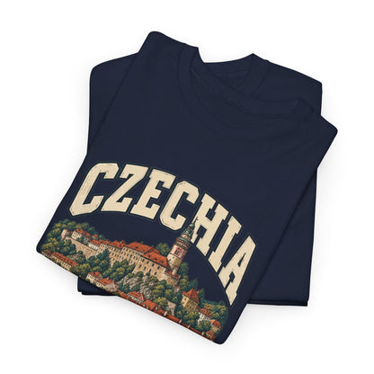 Folded Navy Czechia Fresh Prints Vintage T-Shirt showing the upper portion of its country lettering and illustrated front print.