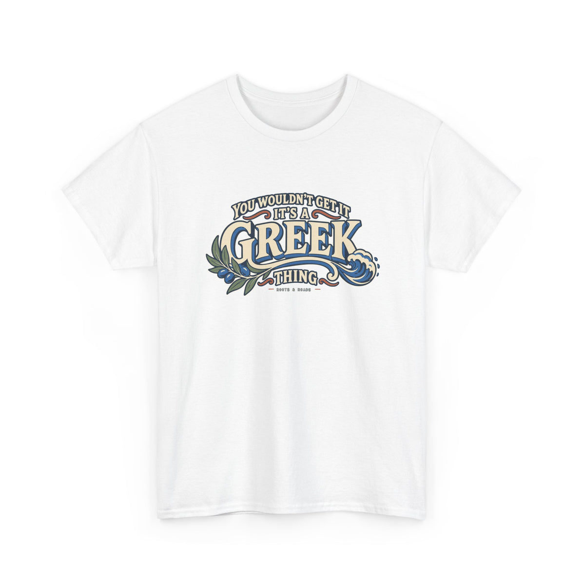 White Greece Greek Thing T-shirt, draped front view, with oversized vintage lettering, an olive branch and curling wave.