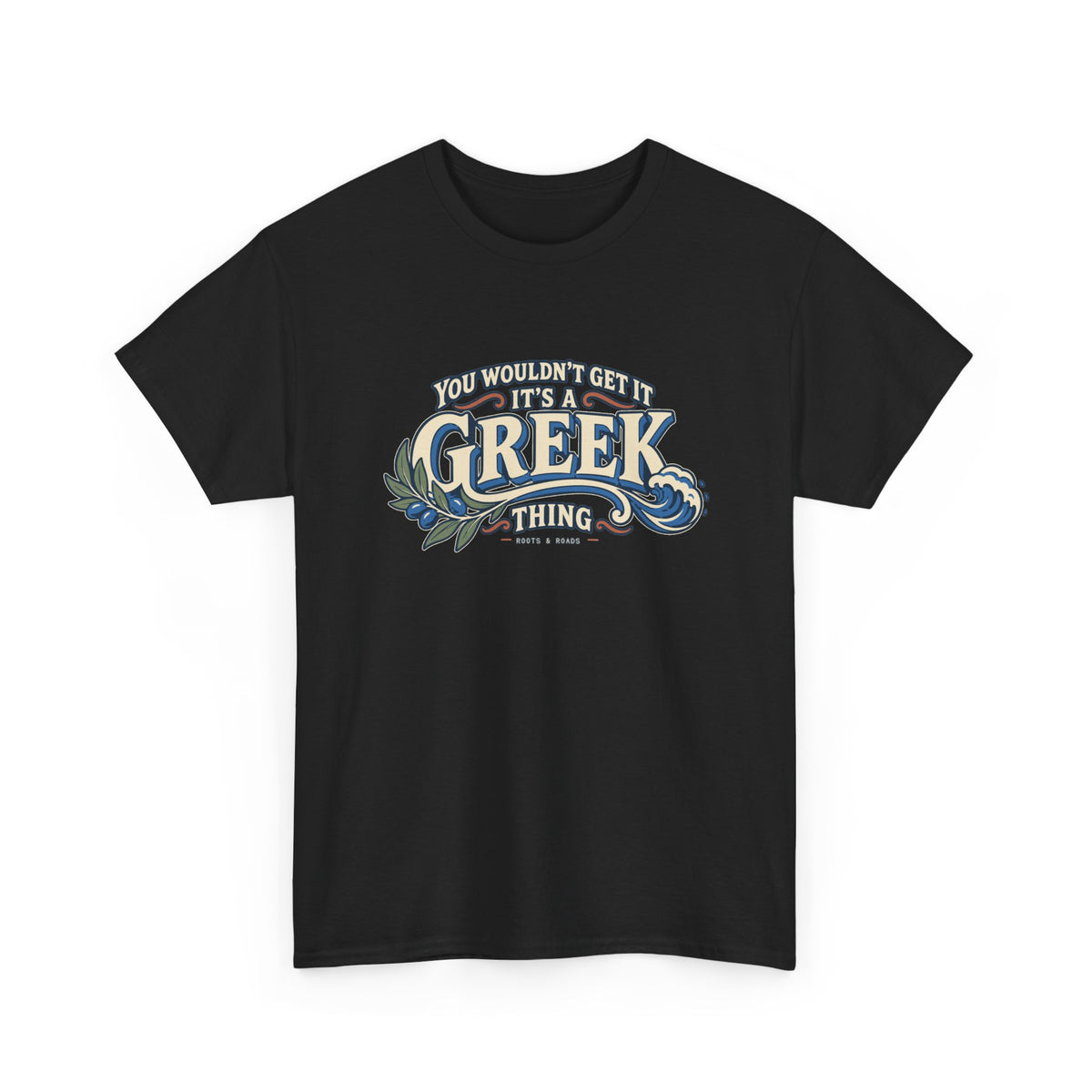 Black Greece Greek Thing T-shirt, draped front view, with oversized vintage lettering, an olive branch and curling wave.