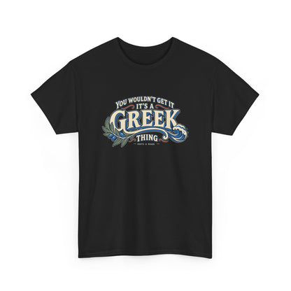 Black Greece Greek Thing T-shirt, draped front view, with oversized vintage lettering, an olive branch and curling wave.