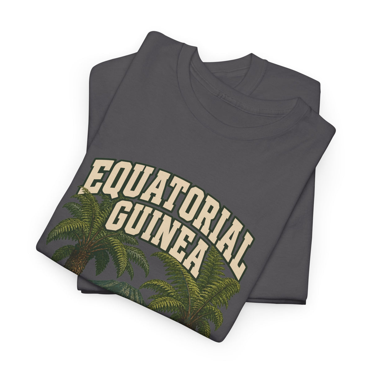 Folded Charcoal Equatorial Guinea Fresh Prints T-shirt showing cream two-line EQUATORIAL GUINEA lettering and the upper part of its country illustration.
