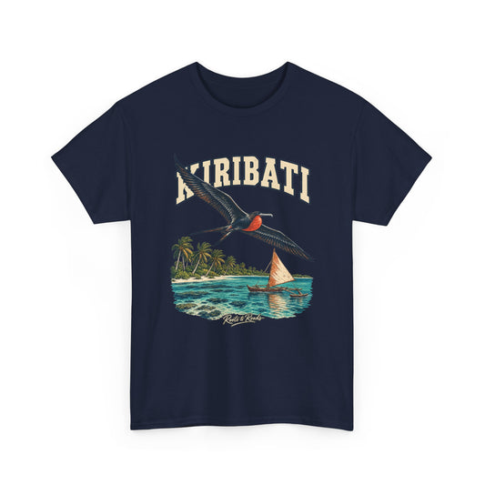 Front view of a Navy Gildan 5000 T-shirt with cream KIRIBATI lettering, a wide-winged seabird, an outrigger sailboat, a turquoise lagoon and palm-lined islands, and Roots & Roads script.