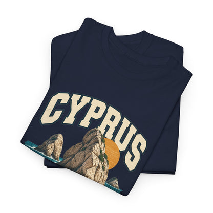 Folded Navy Cyprus Fresh Prints Vintage T-Shirt showing the upper portion of its country lettering and illustrated front print.