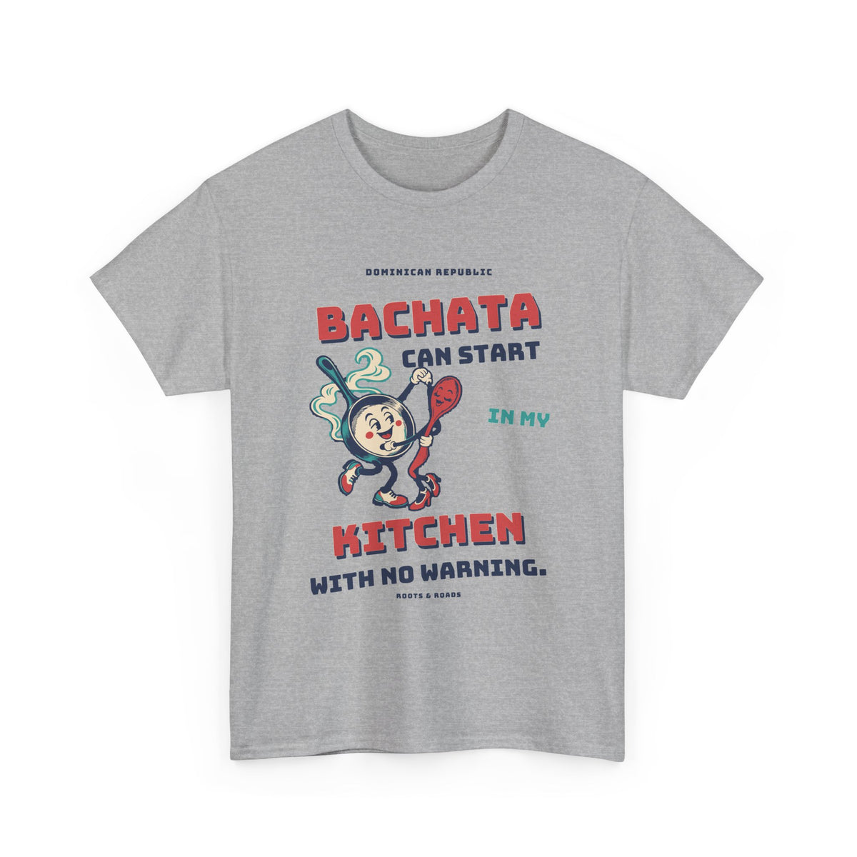 Dominican Republic Kitchen Bachata T-Shirt in Sport Grey, front view with vintage lettering and a dancing pan-and-spoon illustration.