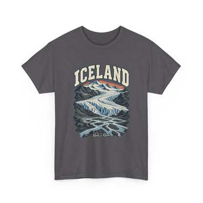 Front view of a Charcoal Gildan 5000 T-shirt with cream ICELAND lettering, a glacier, dark ridges, braided meltwater and a coral horizon, and Roots & Roads script.