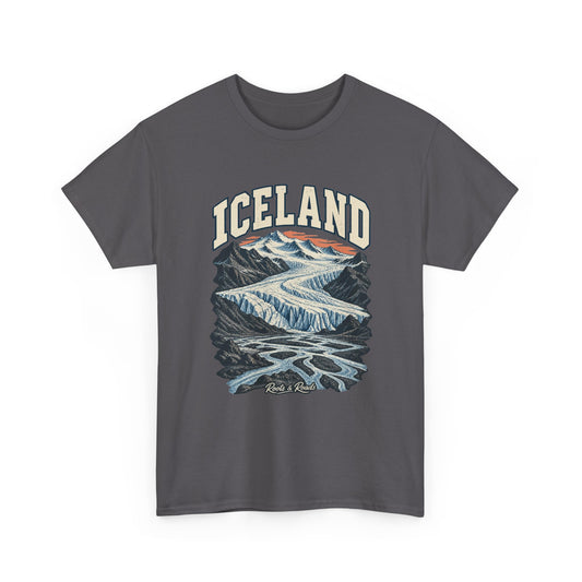Front view of a Charcoal Gildan 5000 T-shirt with cream ICELAND lettering, a glacier, dark ridges, braided meltwater and a coral horizon, and Roots & Roads script.