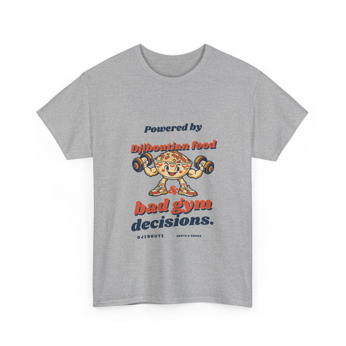 Djibouti Bad Gym Decisions T-Shirt in Sport Grey, with rounded vintage lettering and a playful food-bowl lifter on the front.