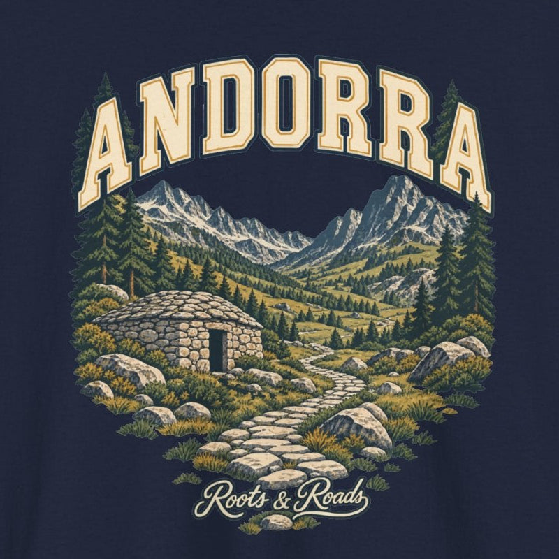 Close-up of cream ANDORRA lettering, Pyrenean peaks, a stone hut and mountain path on the navy Fresh Prints T-shirt.