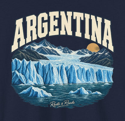 Print detail on Navy fabric showing ARGENTINA lettering, blue glacier, snowy peaks, floating ice, warm sun and Roots & Roads signature.