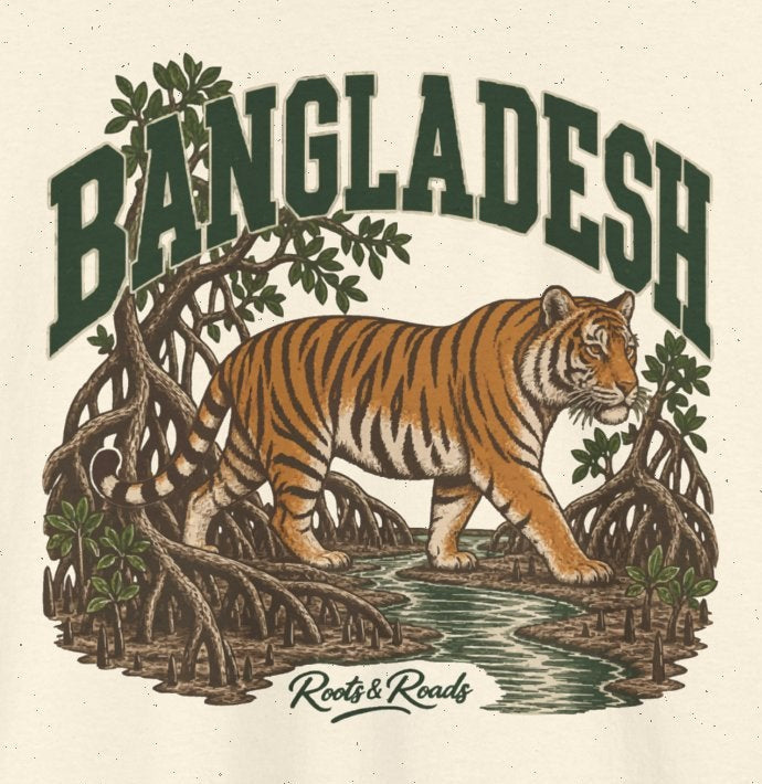 Print detail on Natural cotton showing the Bengal tiger, mangrove roots, tidal channel and green lettering and the Roots & Roads script signature.