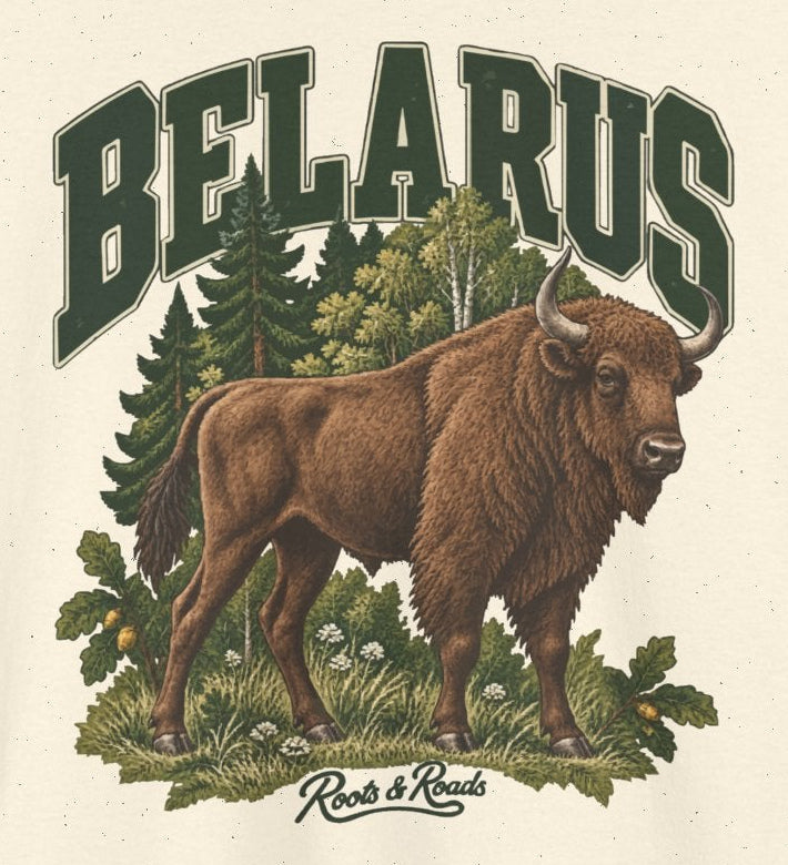 Print detail on Natural cotton showing green BELARUS lettering, a brown bison amid forest trees and meadow plants, and Roots & Roads script.