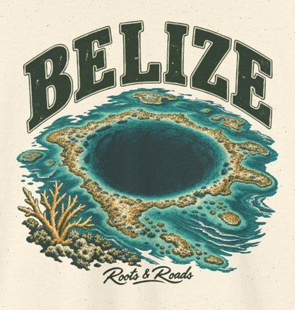 Print detail on Natural cotton showing BELIZE lettering, the Blue Hole, coral, turquoise water and Roots & Roads signature.